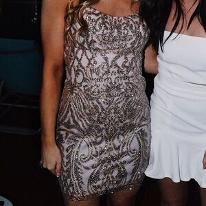 WHOAMI strapless pink and gold dress